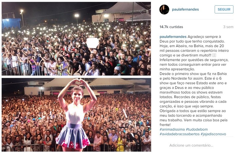Post de Paula Fernandes sobre show na Bahia - Foto: Instagram