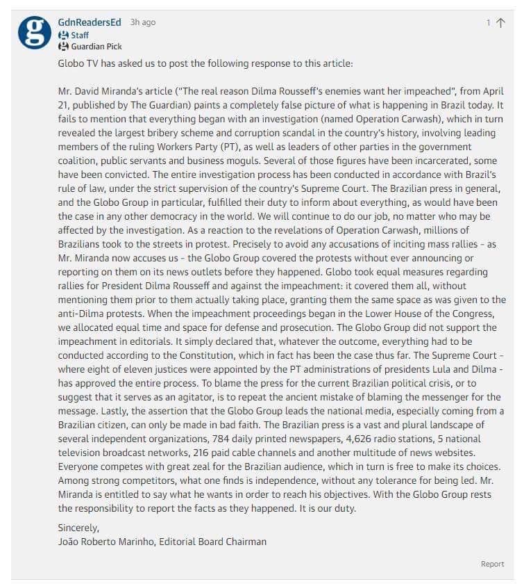 "The Guardian" humilha um dos Irmãos Marinhos, colando seu sagrado direito de resposta na caixa de comentários do site