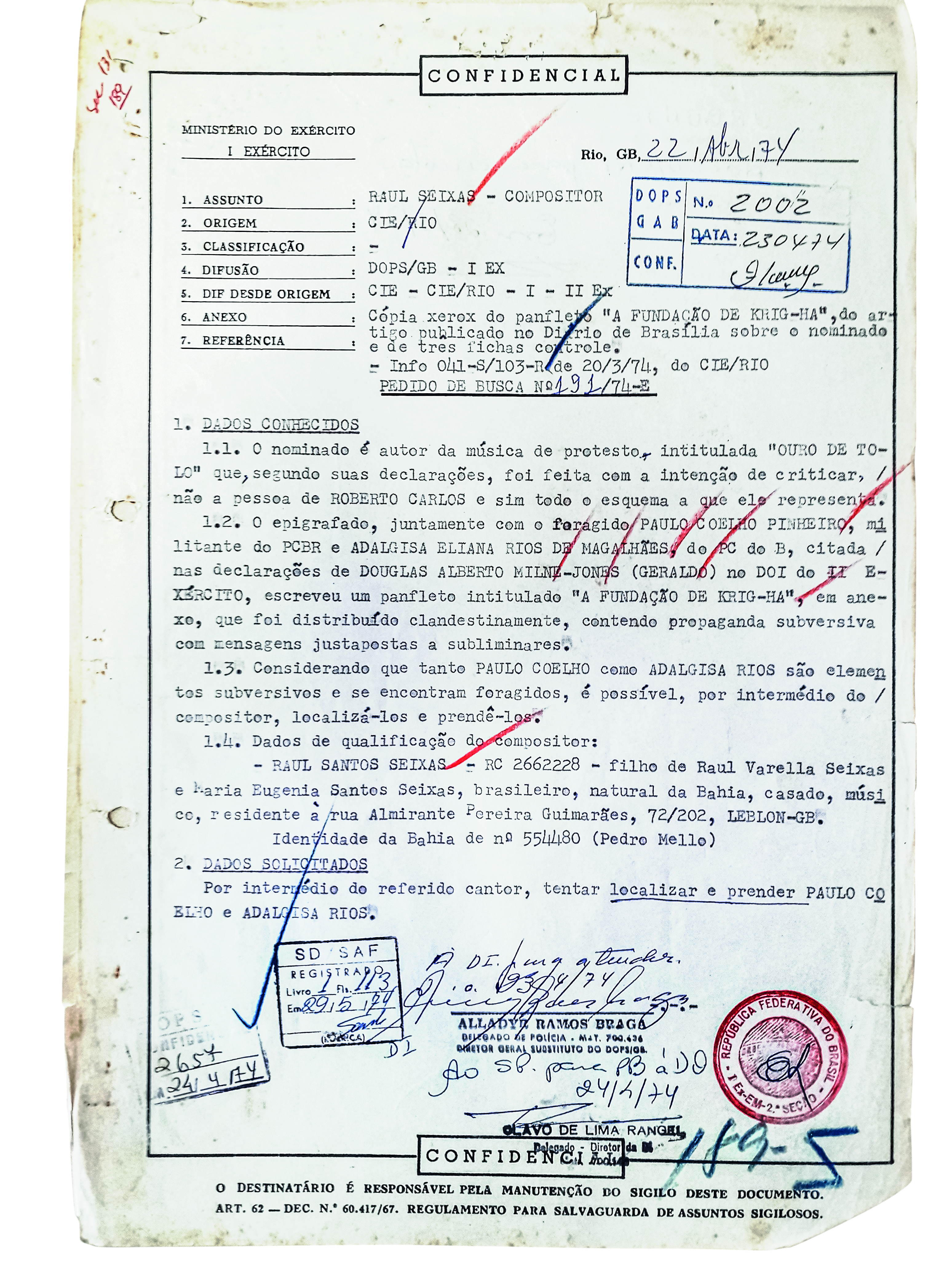 O documento de 22 de abril de 1974 que levanta suspeitas sobre Raul Seixas