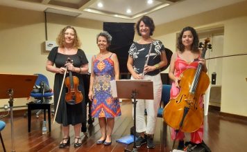 Música, substantivo feminino Palestra do Quarteto Clarice virou misto de ensaio aberto e aula-espetáculo, ontem, na Emem. Foto: Zema Ribeiro